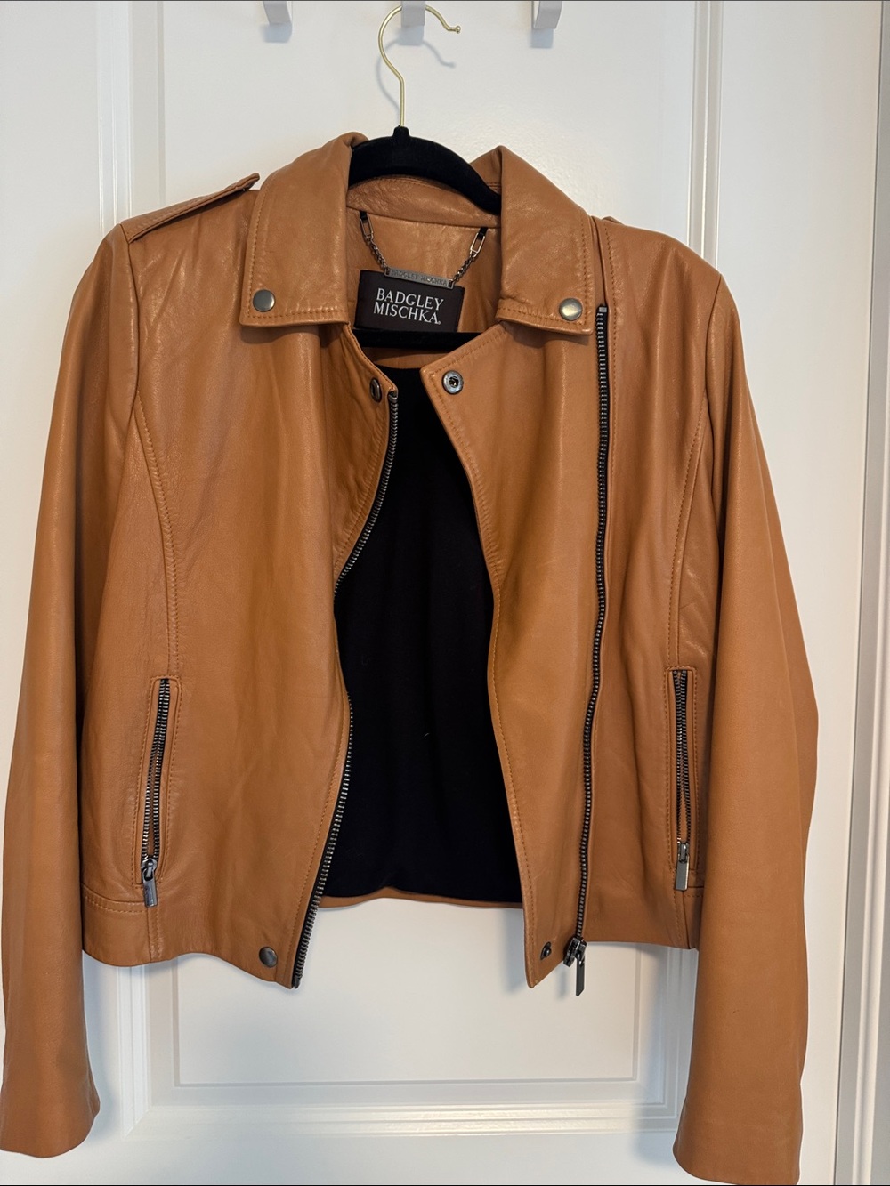 Badgley Mischka Cognac Leather Zip Moto Jacket